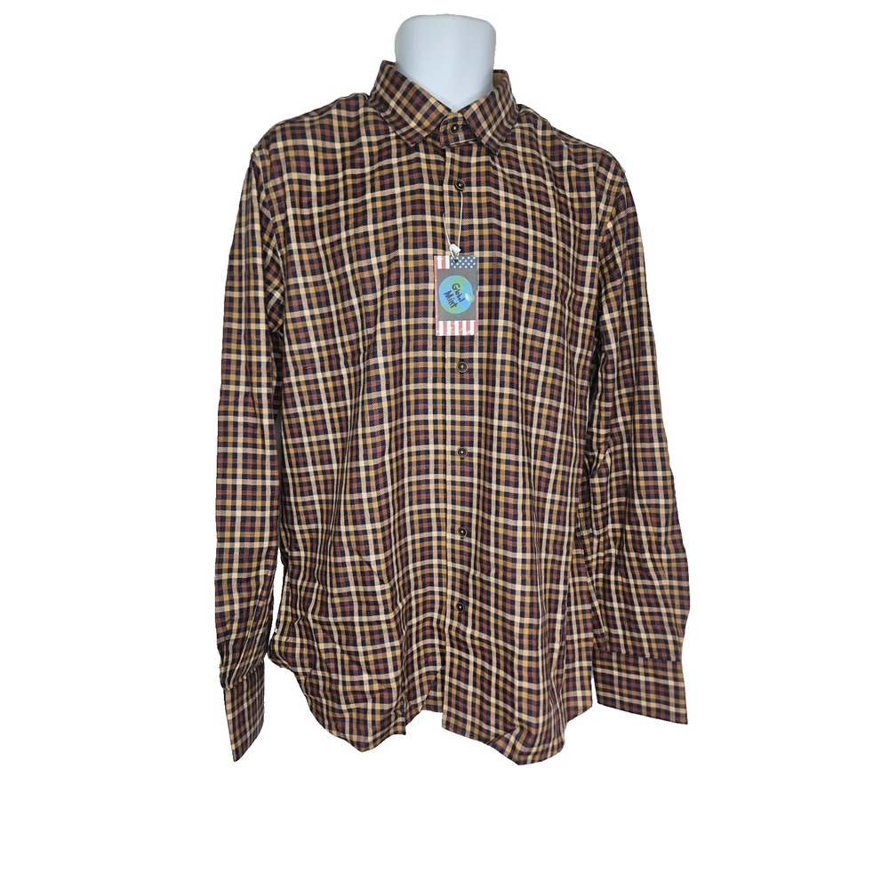 Global Mint Men's L Plaid Button Down Shirt‎ Brown Blue Checked Casual Western
